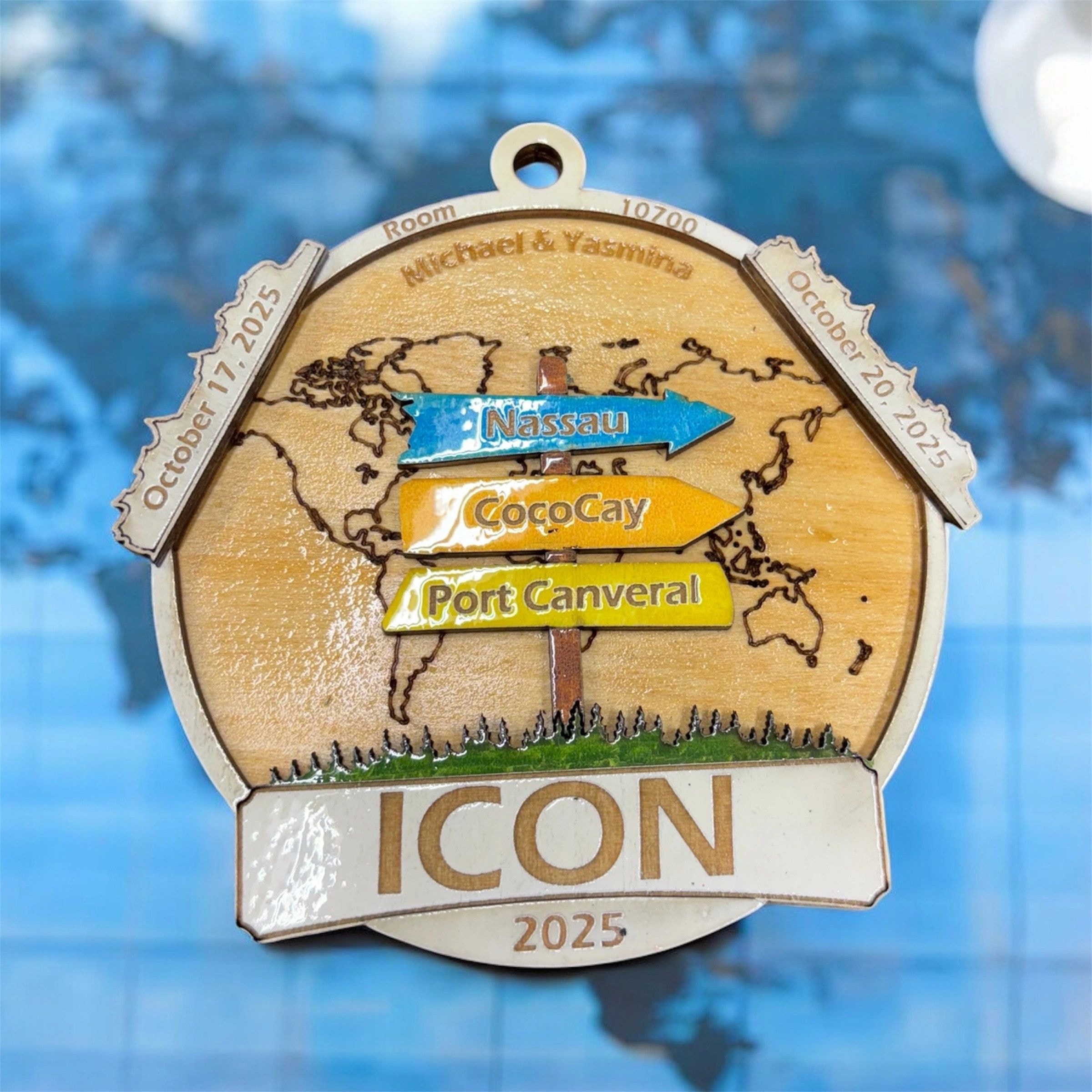 Wooden medal with destination signpost arrows